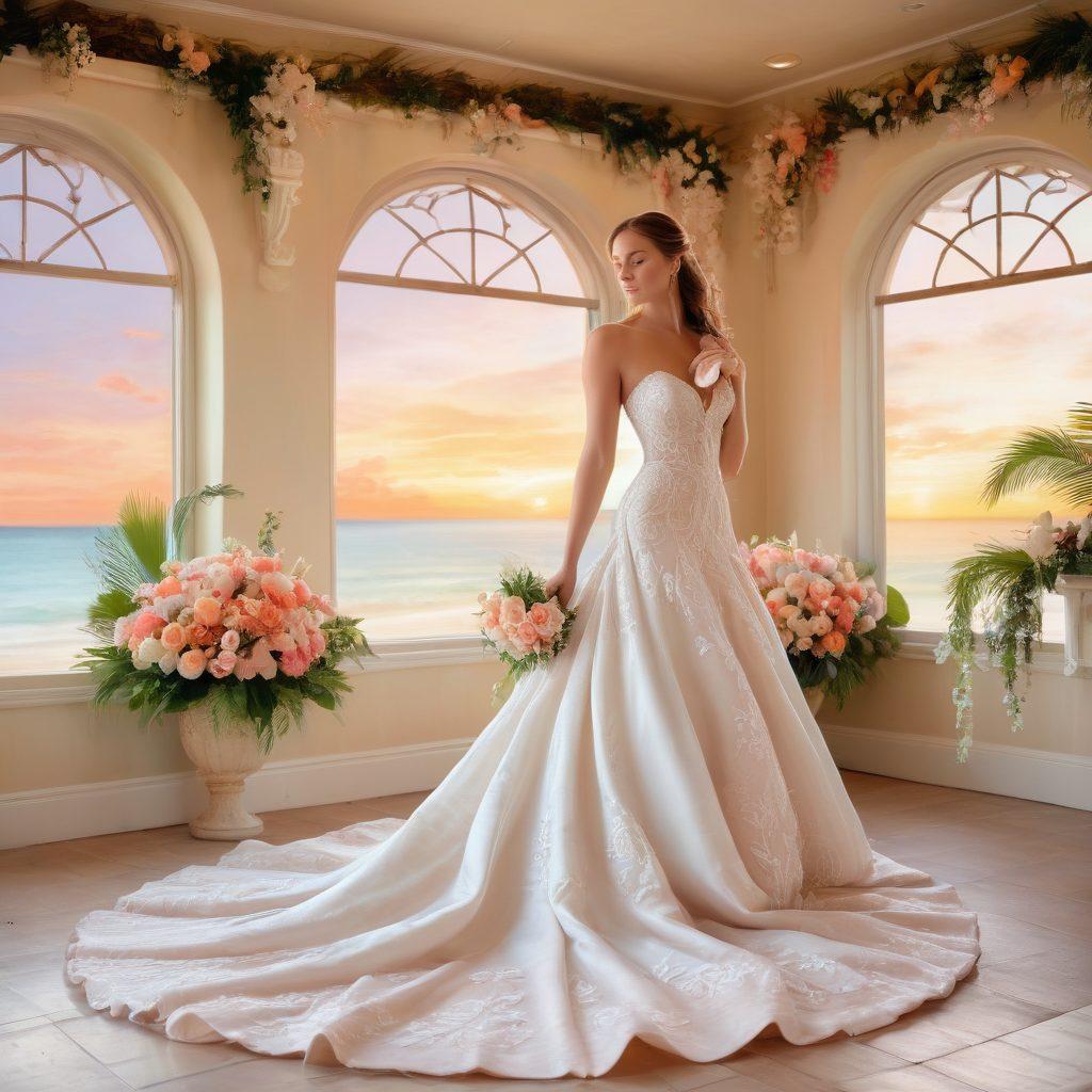 A beautifully decorated wedding venue accentuated with romantic floral arrangements and soft lighting, featuring a stunning bridal gown displayed on an elegant dress form. In the background, a dreamy honeymoon setting with a tropical beach and sunset, evoking love and adventure. Soft pastel color palette with delicate details. painting. vibrant colors. whimsical.