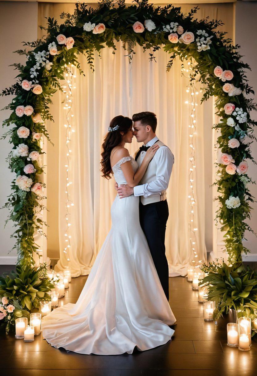 A beautifully decorated wedding venue featuring soft ambient lighting, elegant floral arrangements in pastel hues, and a romantic archway. A couple sharing an intimate moment under twinkling fairy lights, with soft-focus background elements like candles and lush greenery. The overall atmosphere should evoke love and celebration, showcasing both modern aesthetic trends and timeless romantic elements. super-realistic. vibrant colors. soft focus.