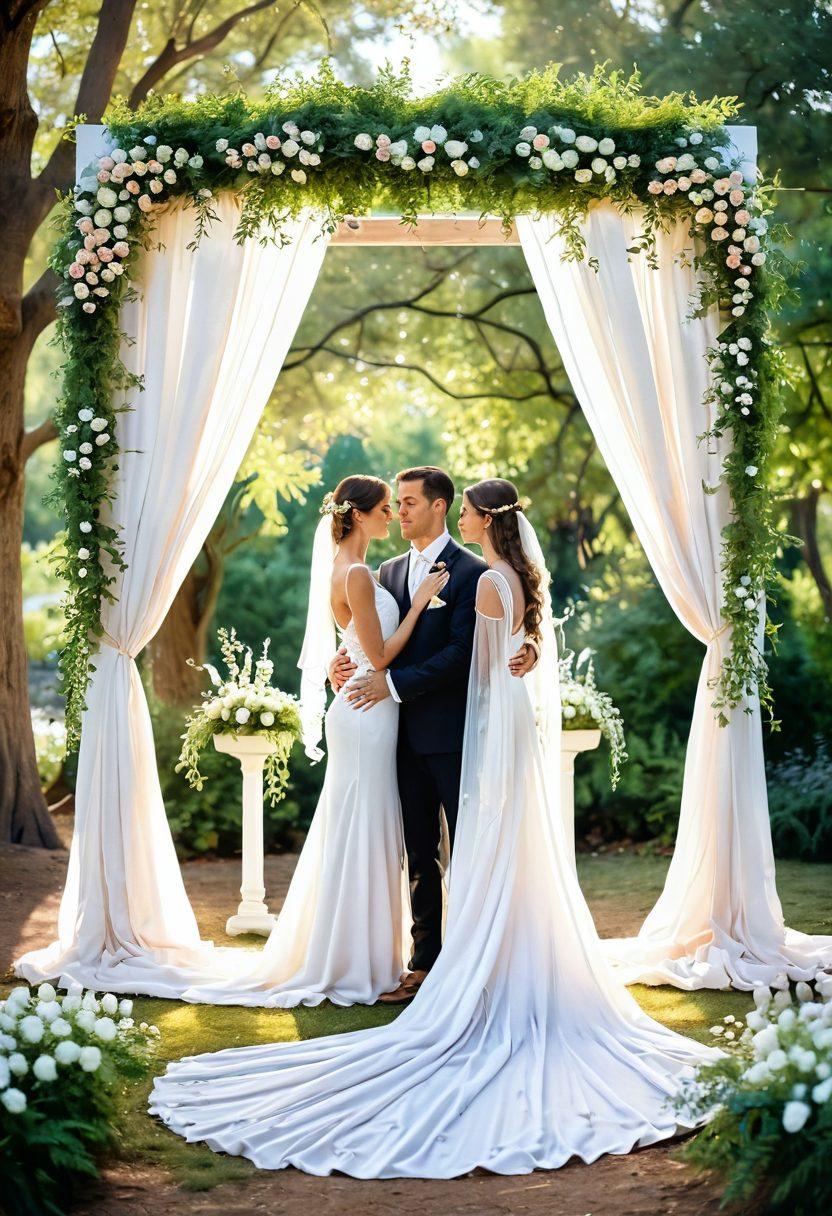 A dreamy outdoor wedding scene featuring a beautifully decorated altar with flowing white drapes, surrounded by blooming flowers and soft fairy lights, an elegant couple in wedding attire sharing a romantic gaze, soft pastel colors in the background, lush greenery, and gentle sunlight filtering through the trees. watercolor painting. soft focus. enchanting atmosphere.